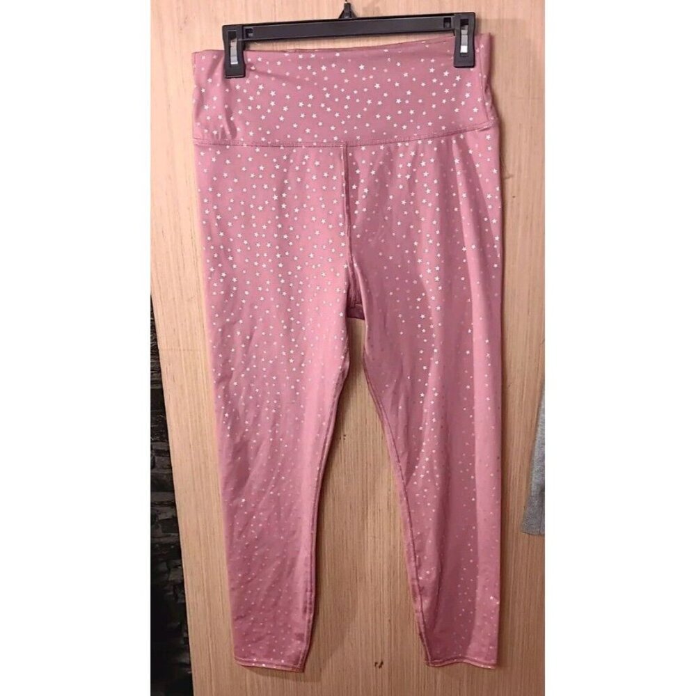 Wavvy Women Large Pink W/Silver‎ Stars Leggings High Waist Long Workout Yoga
